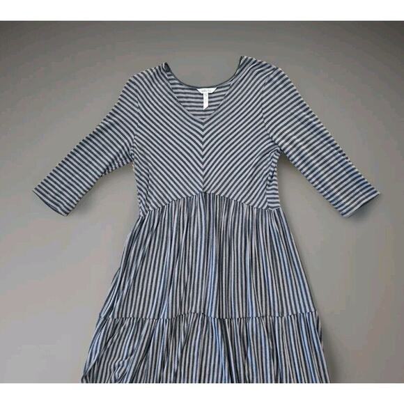 Matilda Jane Womens Midi Dress Size Medium Gray Black Striped Stretchy A Line - Picture 2 of 6